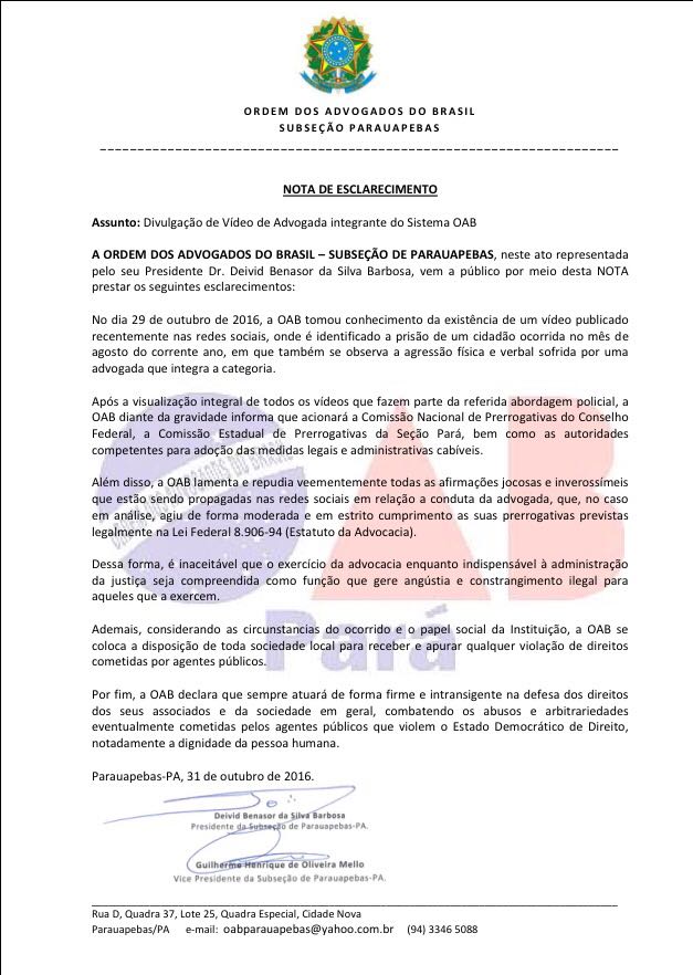Nota de esclarecimento OAB-Parauapebas