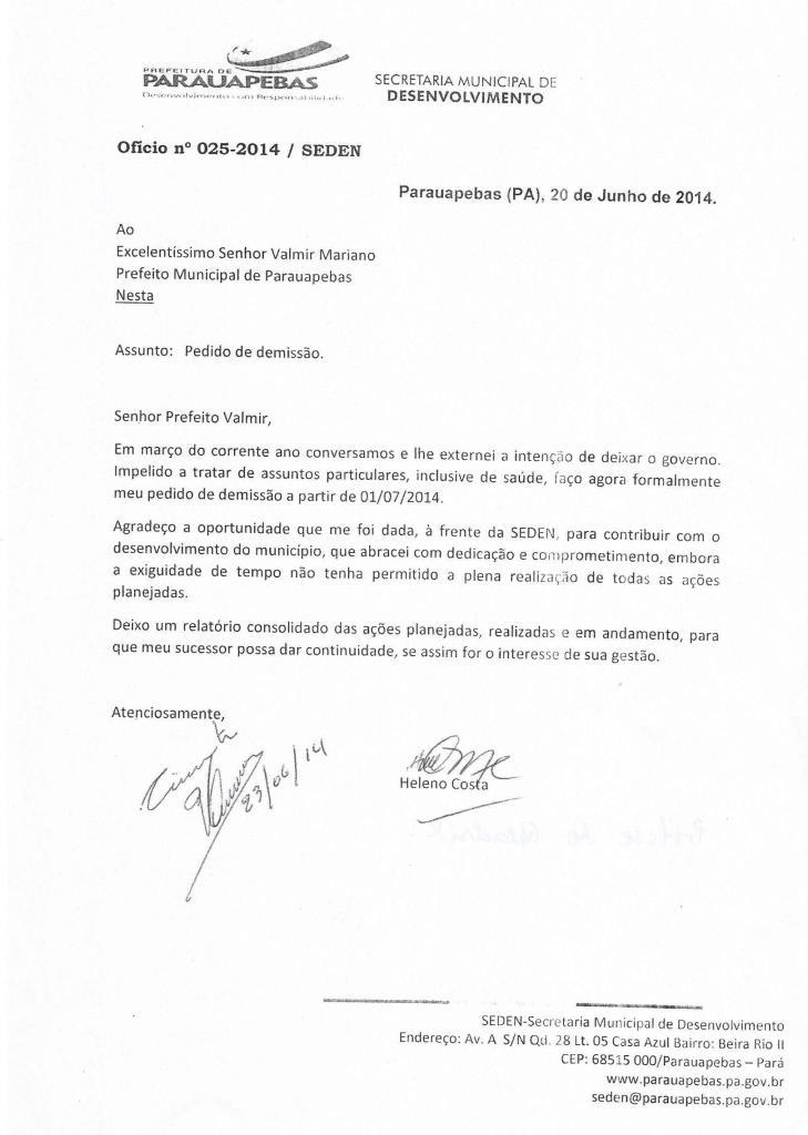 Desenvolvimento: Heleno Costa entrega carta de demissão ao 