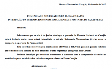 ICMBio comunica interdição da portaria de Carajás e Estrada Raimundo Mascarenhas no domingo pela manhã
